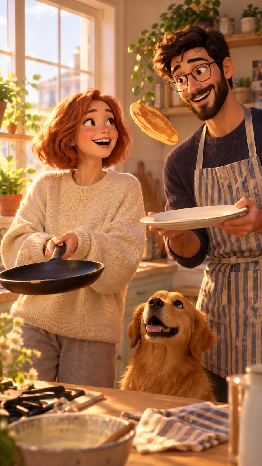An animated couple making pancakes in a sunny kitchen with their golden retriever