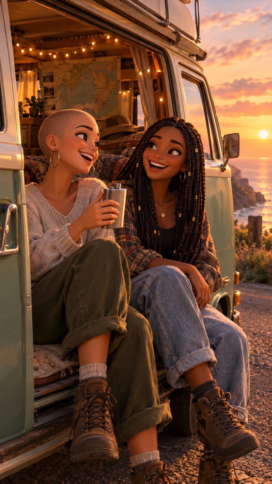 Two animated friends laughing on a camper van road trip at sunset